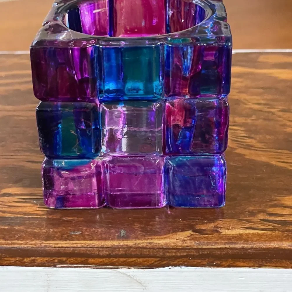 Colorful Cube Glass Votive Candle Holder Pink Blue Purple